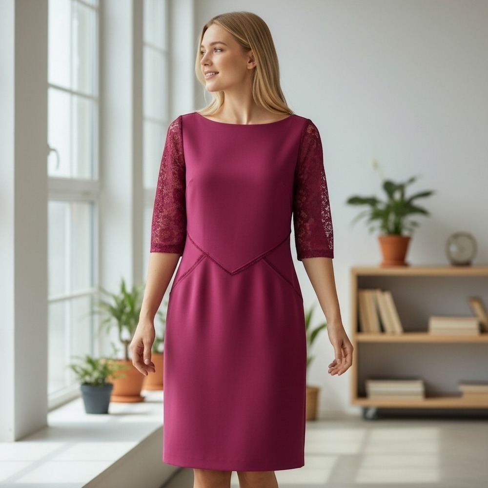 Antonio Melani Lace Sleeve Sheath Dress Womens 12 Magenta Pink Cocktail Event